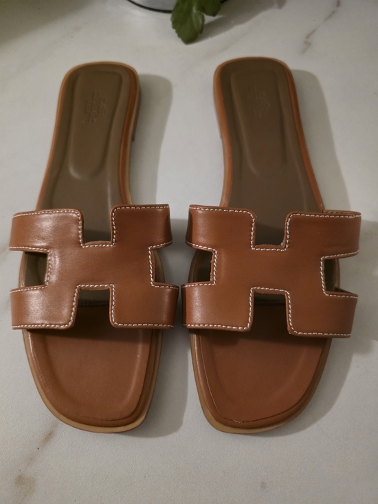 Hermes Shoes - Hermes Tan Brown Oran Leather Slide Sandals